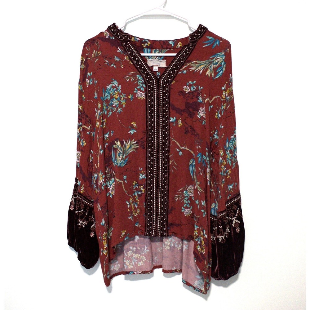 Johnny Was Workshop Burgundy Floral Velvet Trim Embroidered Boho Blouse Large